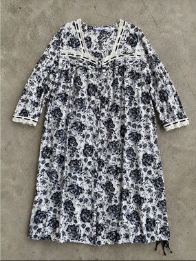 Only Necessities Floral Cotton Button Front Nightgown 3X White Black Lace Trim
